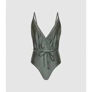 REISS Lara Cutwork Trim One Piece Swimsuit Size 2 NWOT in Sage Green
